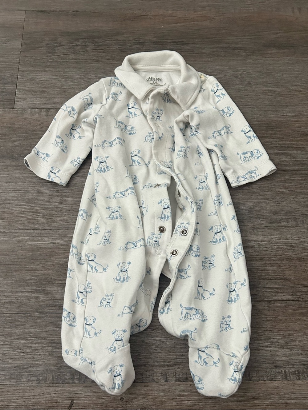 Little Me Cream Footed One-Piece with Blue Puppy Print